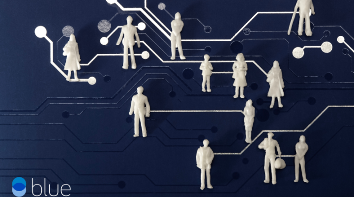 Blue Marketing cover image with a dark blue circuit board background and white miniature human figures symbolising data, marketing audiences, and connectivity. Represents programmatic advertising, retargeting strategies, and innovative marketing solutions powered by Blue Marketing.